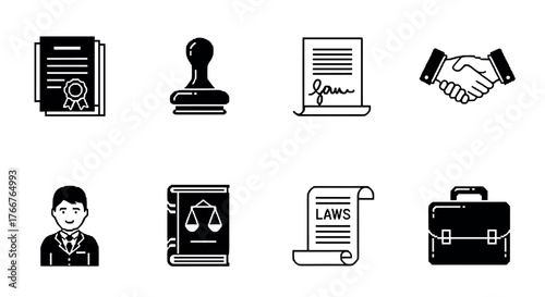 Legal icons set: documents, scales, handshake, briefcase, signature, stamp