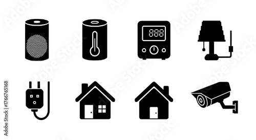 Smart home devices silhouettes: modern gadgets and technology icon set