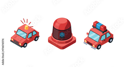 Isometric red emergency vehicles and siren icon set for alert themes
