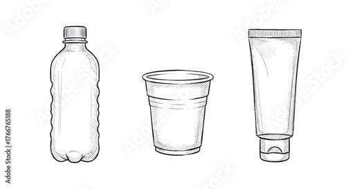 Hand-drawn plastic bottle, cup, and tube sketch with crosshatch details
