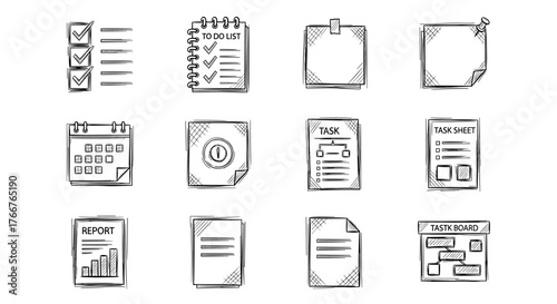 Hand-drawn sketch style planner icons for task management and organization