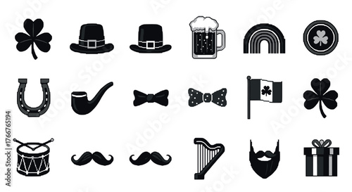St. patrick's day black and white icon set featuring traditional symbols and festive elements