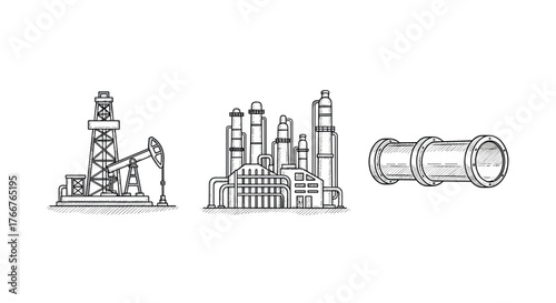 Industrial oil facility set: energy extraction, refinery complex, and pipeline