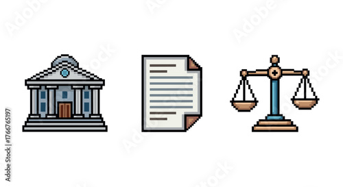 Pixel art law icons: courthouse, document, scales of justice