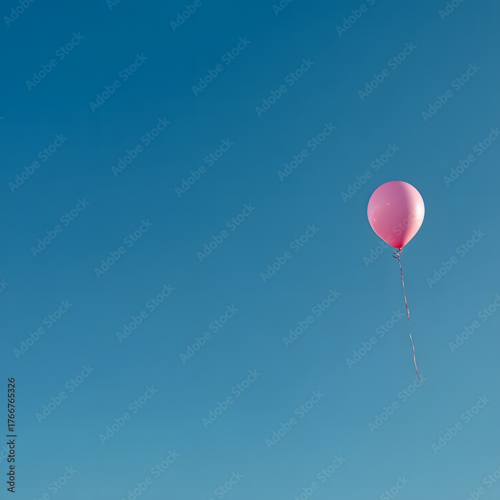 Fototapeta premium Single Pink Balloon Against Clear Blue Sky Represents Freedom, Joy, and Celebration of Life Moments