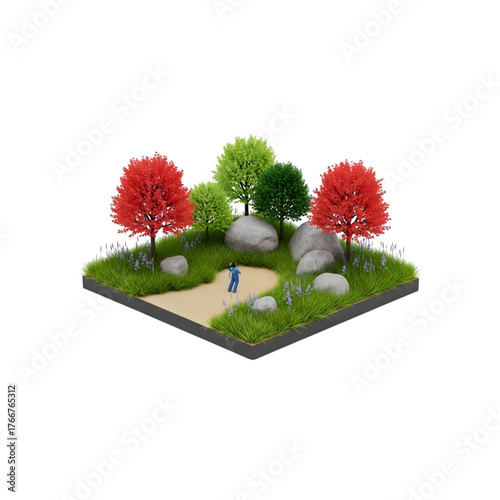 Miniature Landscape Golfer on Green with Trees and Rocks