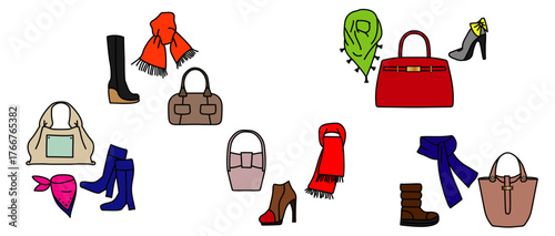 秋冬ファッション小物のセットイラスト　バッグとブーツとマフラー