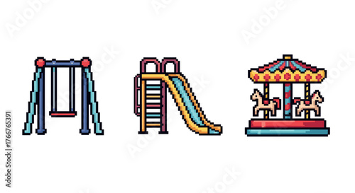 Pixel art playground: swings, slide, and carousel fun
