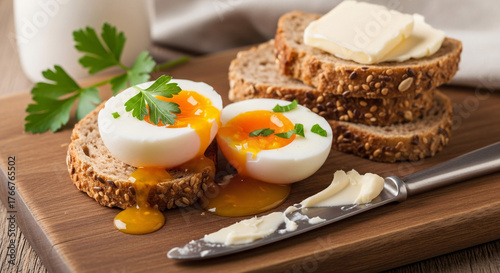Soft Boiled Egg with Bread on Cutting Board