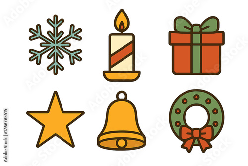 Six colorful winter holiday symbols: snowflake, candle, gift, star, bell, and wreath