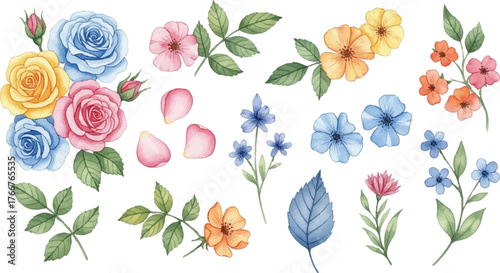 Watercolor floral arrangements and individual flower elements for artistic design and decoration