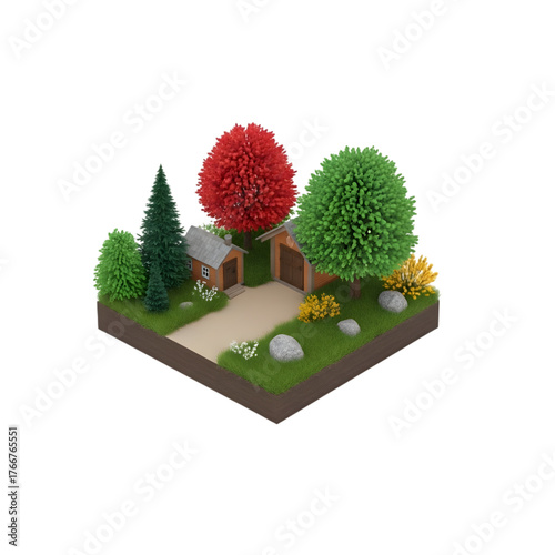Isometric Forest Scene Cozy House, Vibrant Trees, and Natural Tranquility