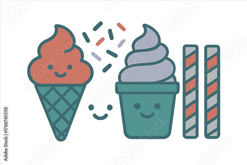 Smiling ice cream cone and cup with colorful sprinkles and wafers