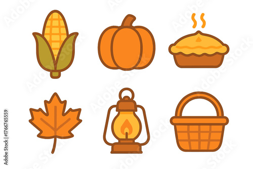 Stylized autumn harvest elements including pumpkin corn pie maple leaf and basket