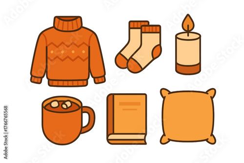 Cozy autumn and winter comfort items collection including sweater socks and hot chocolate