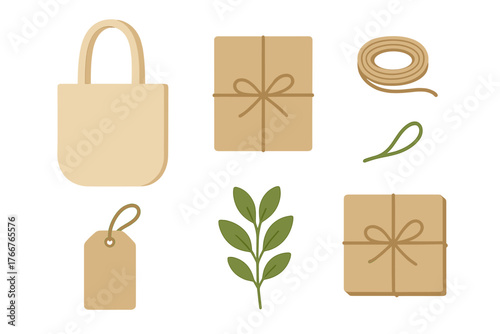 Set of eco friendly packaging and gift wrapping elements