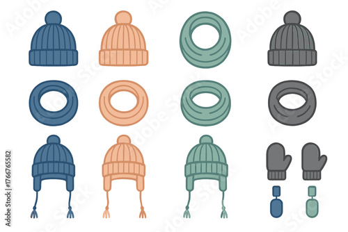 Assortment of knitted winter hats scarves and mittens graphic symbols