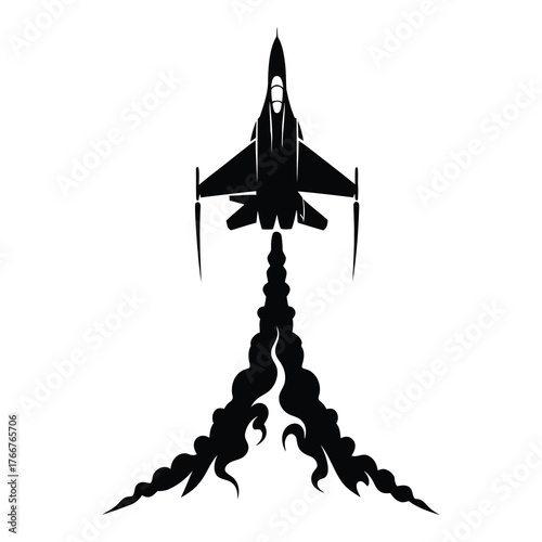 Silhouette of a fighter jet taking off with smoke trails isolated on white background, ideal for aviation enthusiasts and military themes