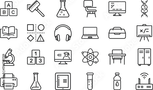 Education and Science Line Icons Set – School, STEM, Laboratory, E-learning, and Study Equipment Outline Vector Pack for Teachers, Students, Online Courses, and Academic Infographics Design