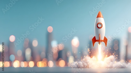 Rocket Launching Against Urban Skyline at Dusk with Blurred City Lights and Smoky Cloud Effect