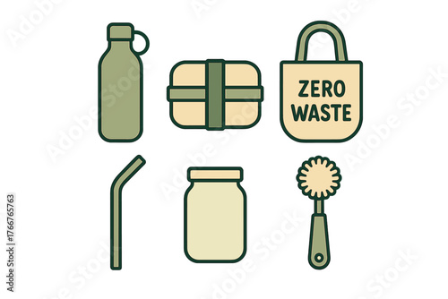 Set of essential reusable objects promoting a sustainable zero waste lifestyle