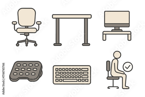 Office workstation equipment and correct sitting posture icons collection