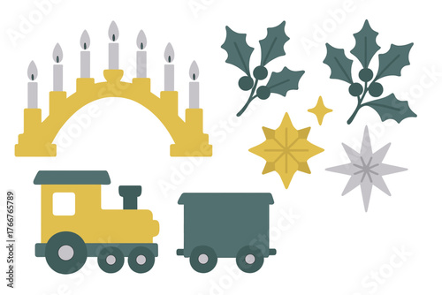 Scandinavian style Christmas holiday decorative elements set with train and candles