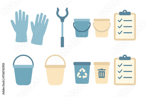 Set of cleaning and waste management tools including gloves buckets and checklist