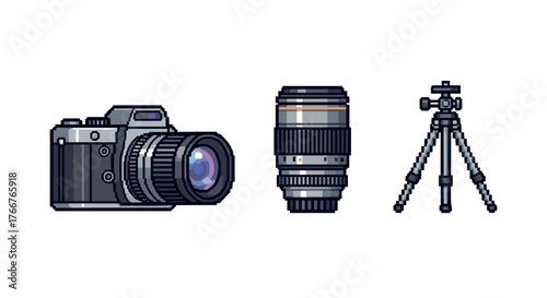 Retro pixel art camera gear set with camera, lens, and tripod