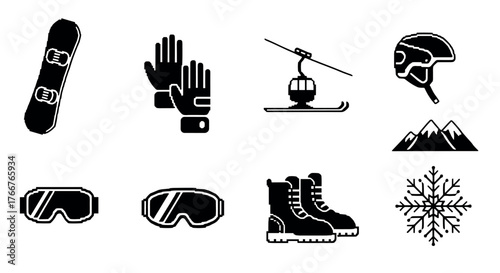 Winter sports equipment icons for skiing and snowboarding adventures