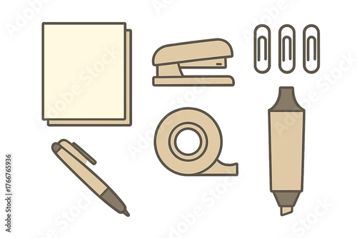 Set of beige office supplies icons including paper, stapler, tape, and writing tools