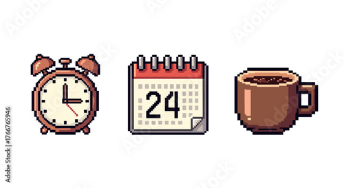 Retro pixel art alarm clock, calendar, and coffee cup icons for digital design