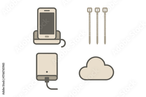 Mobile device charging station, portable battery, cable management, and data storage symbols