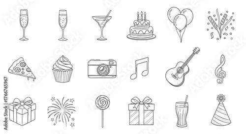 Celebration icons: music, food, and festive elements in outline style