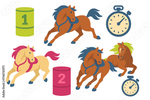 Equestrian barrel racing icons featuring horses, barrels, and stopwatch elements