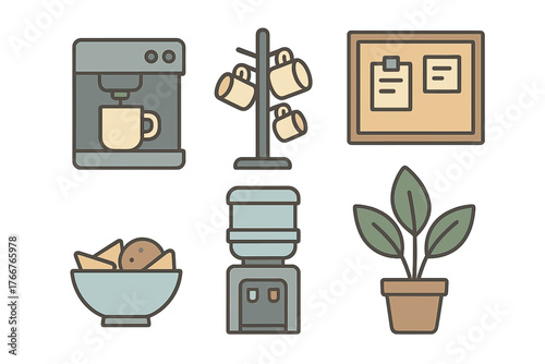 Set of icons for office breakroom amenities including coffee maker and water dispenser