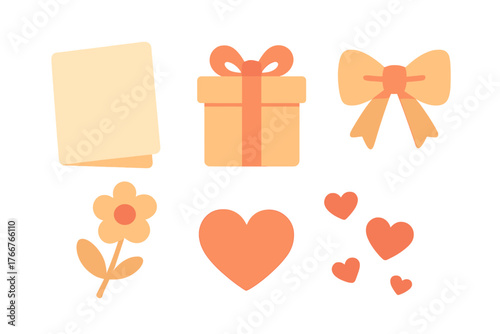 Warm tone icons set for celebration and affection featuring gift box and hearts