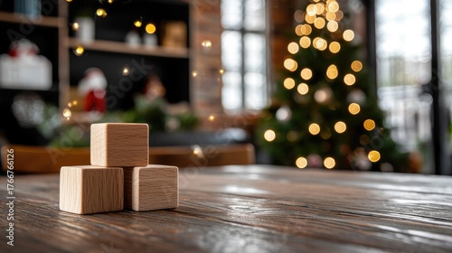 Wooden Blocks on Rustic Table with Warm Christmas Decor and Bokeh Lights in Background