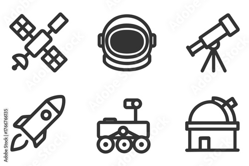 A set of six icons for space exploration, including a rocket, a space suit, a space shuttle, a space station, a telescope, and a rover. Vector.