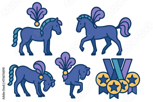 Stylized blue horse icons with decorative elements and achievement medals