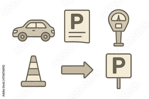 Collection of parking and traffic control symbols featuring car meter and directional signs