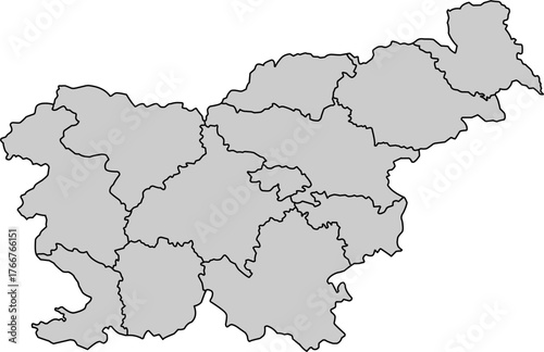 Grey vector political map of Slovenia national outline with all 12 statistical regions internal boundaries, filled with a solid grey color, presented as a map of the Central European country.