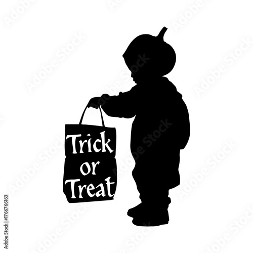 Child in pumpkin costume holding trick or treat bag silhouette