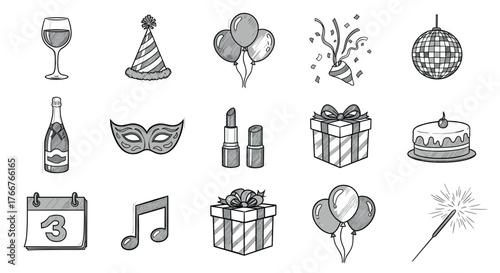 Hand-drawn party icons: balloons, gifts, mask, and more in sketch style