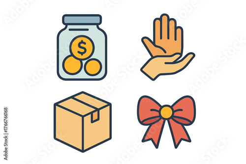 Four icons for donation charity and gifting concepts