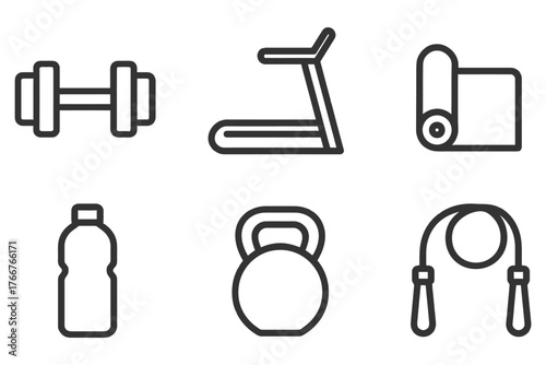 A set of fitness icons including a water bottle, dumbbell, kettlebell, and jump rope. Vector.