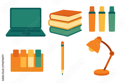 Assortment of colorful school and office supplies for work and study