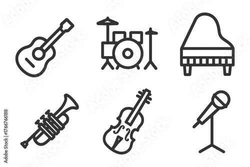 A variety of musical instruments, including a guitar, a piano, a drum set, a trombone, a violin, and a microphone. Vector.