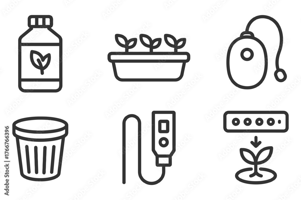 Fototapeta premium A set of icons for gardening tools and supplies. The icons include a bottle, a cup, a plant, a mouse, a keyboard, and a trash can. Vector.