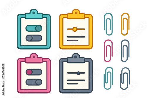 Colorful clipboard icons featuring toggle switches and paperclips